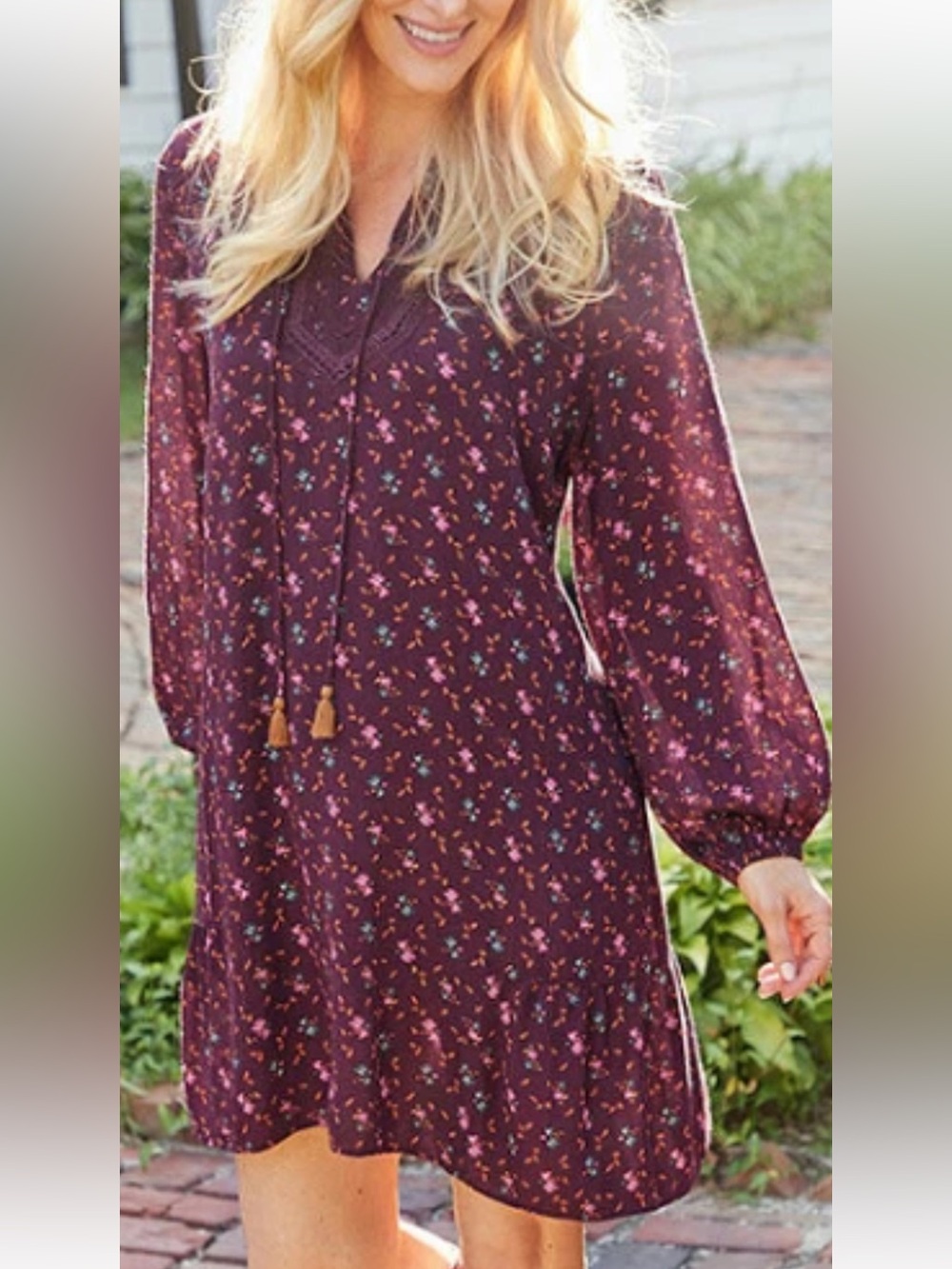 Matilda Jane Burgundy Floral Long Sleeve Tunic with Tassels Boho Prairie Dress